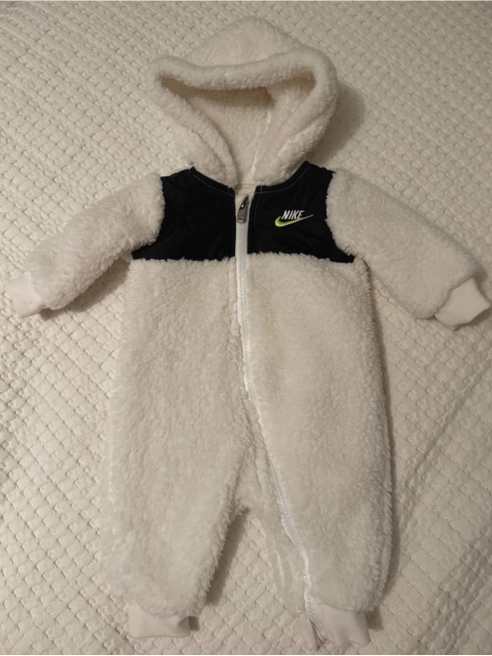 Nike White Fleece Hooded Baby One-Piece with Black Chest Panel